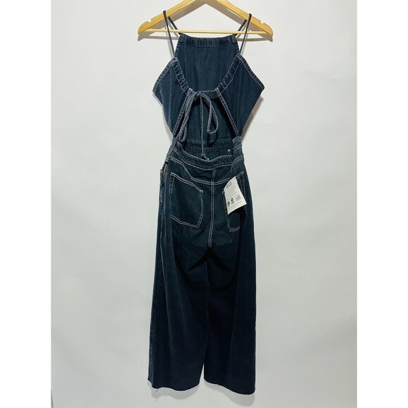 NWT ETICA Cami Halter Black Pearl Denim Jumpsuit Crop Wide Leg Size L - Picture 7 of 16